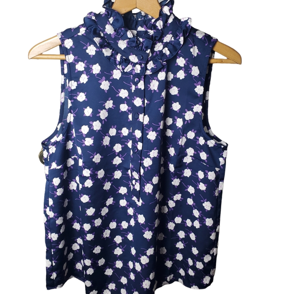 J. Crew Floral Ruffle Neck Sleeveless Blouse Size M